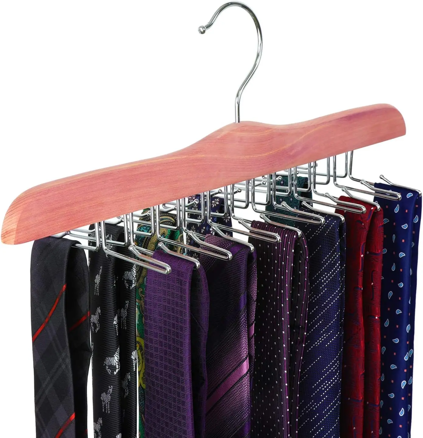 

24-Slot Cedar Wood Tie Rack for Closet, Rotating Necktie Hanger with Stainless Steel Clips for Scarves, Tank Tops, and Bras