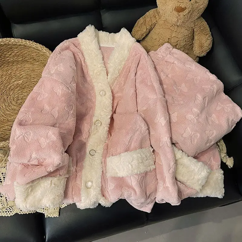 

Autumn Winter Women's Coral Fleece Pajama Set Fleece Lined Warm Sleepwear Cozy Comfortable Flannel Homewear Loungewear New