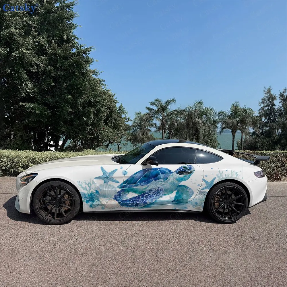 2pcs Fresh Ocean Sea Turtle Car Side Wraps, Self-Adhesive PVC Waterproof & Scratch-Resistant Stickers, Car Accessory Gift