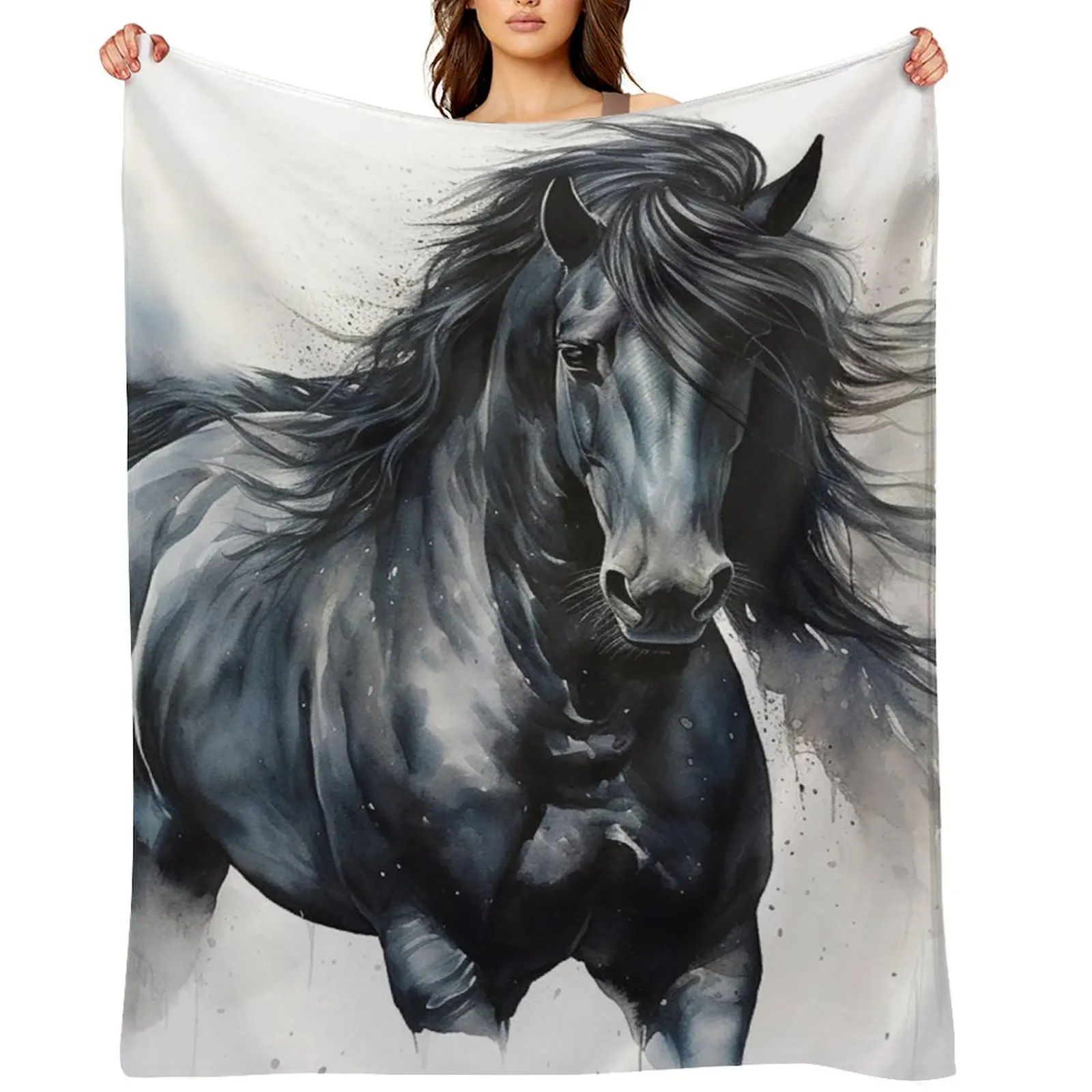 

Graceful Power: Friesian Horse in White Throw Blanket Decorative Throw halloween Furrys Furry Blankets