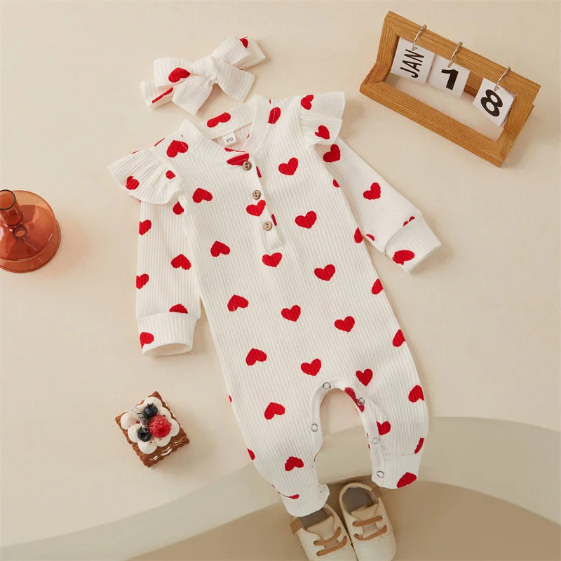 Tregren 0-18M Newborn Baby Girls Romper Sweet Heart Print Long Sleeve Crew Neck Jumpsuit With Bow Knot Headdress Fall Clothing