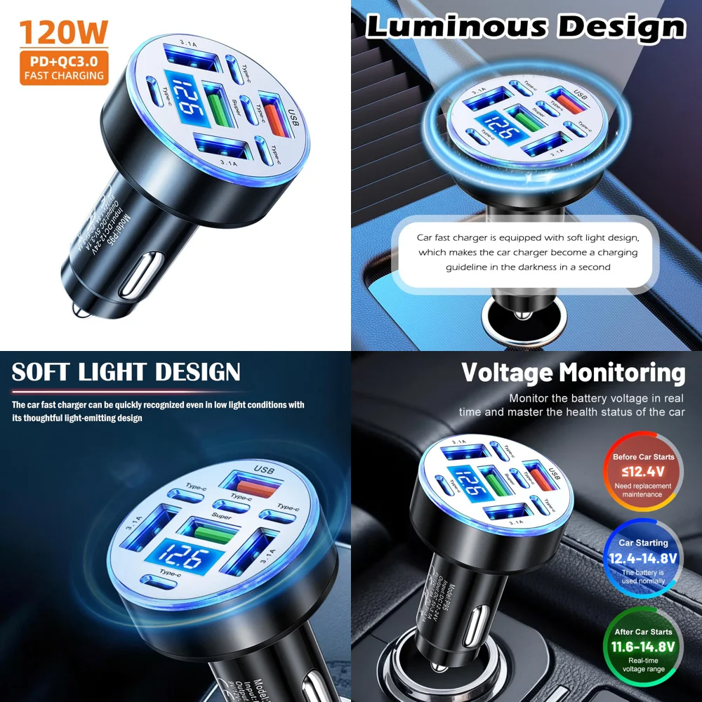 UYUXIO 4 PD 4 USB A Multi Port USB Car Charger Type C with Volt Meter Super Fast Charge Adapter with Voltage Display for iPhone