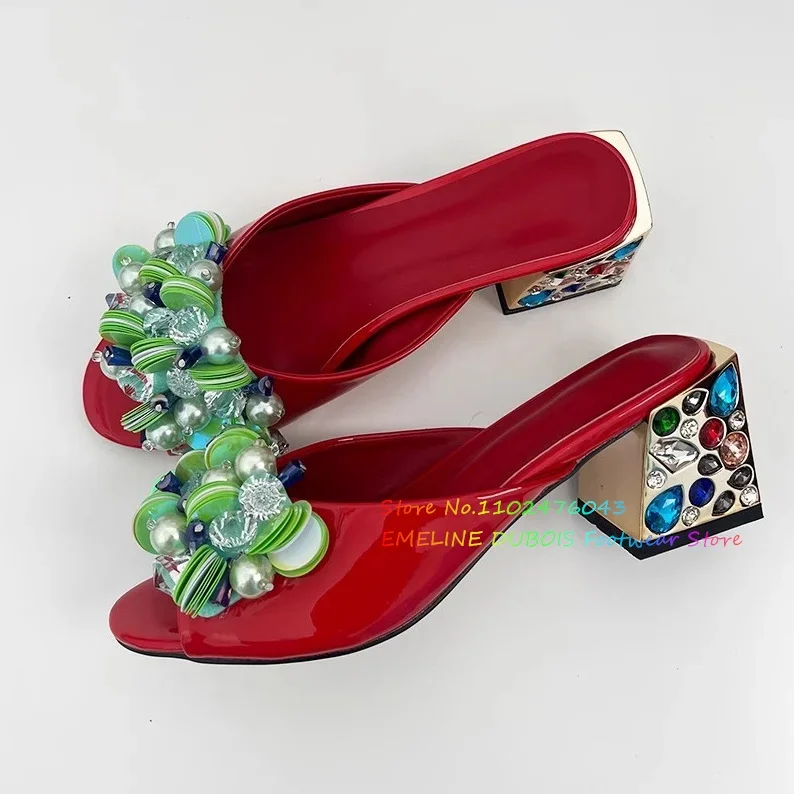 

Red Beads Pearl Bling Sequins Slippers Women Leather Colorful Diamond Chain Chunky Heel Summer New Slingback Crystal Mules