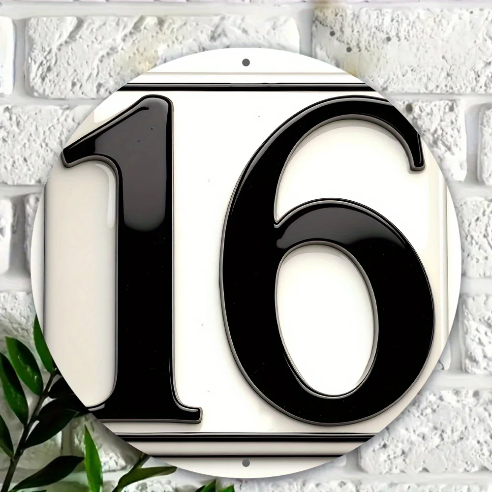 Metal Iron Sign 8 Inch Round House Number 16 Black White Weatherproof Pre-Drilled Easy Install Wall Art