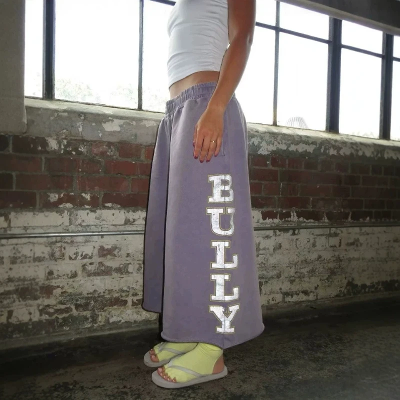 Sunfade Letter Print Capri Pants Y2K Retro Imperfect Purple Shorts American Hip Hop Casual Streetwear Unisex Baggy Sweatpants