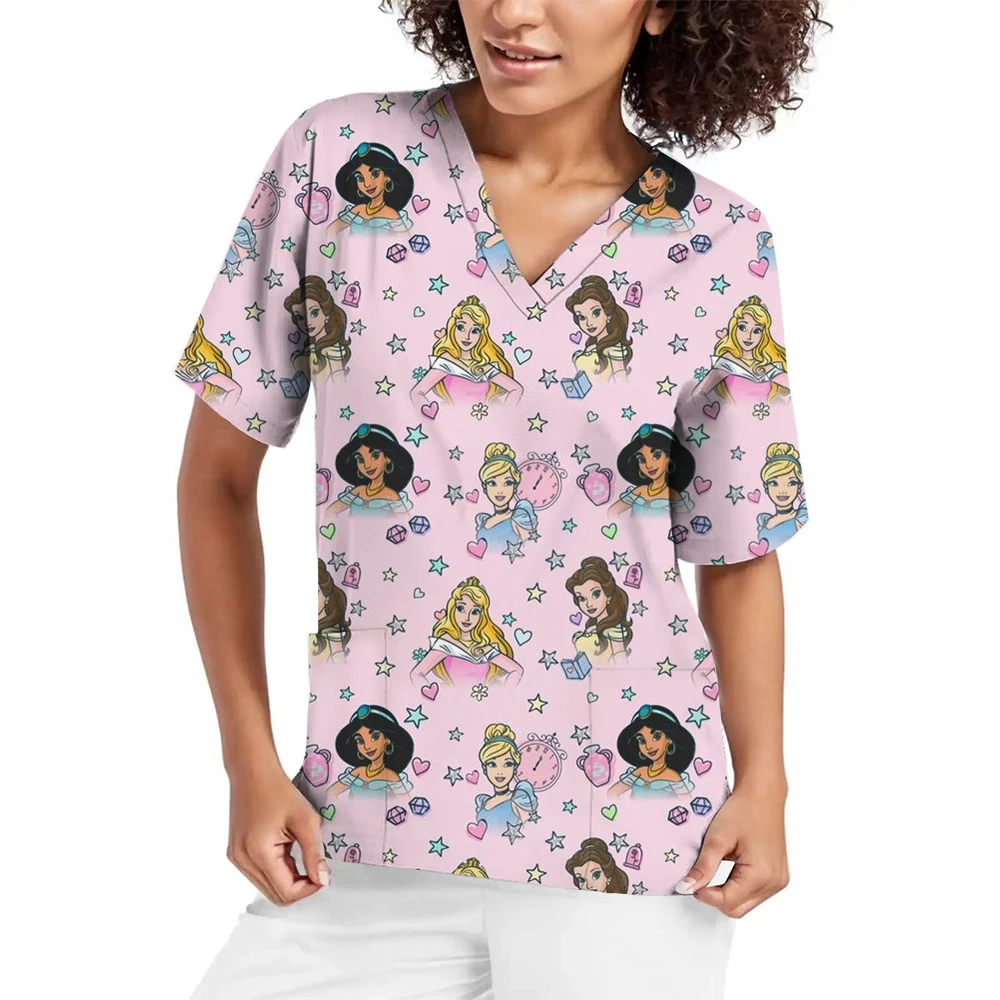 Uniforme d'Infirmière Imprimé Princesse Disney pour Femme, Robe Génératrice à Col en V, Vêtements de Travail à Manches Courtes pour Clinique Dentaire, Blanche Neige, Hôpital pour Animaux de Compagnie