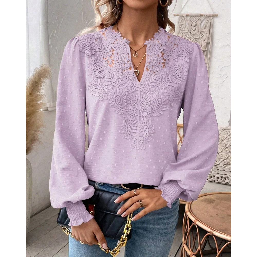 Autumn Women Contrast Lace Ruffles Ruched V Neck Lantern Sleeve Blouse Fashion Elegant Femme Solid Color Street Wear Top Traf