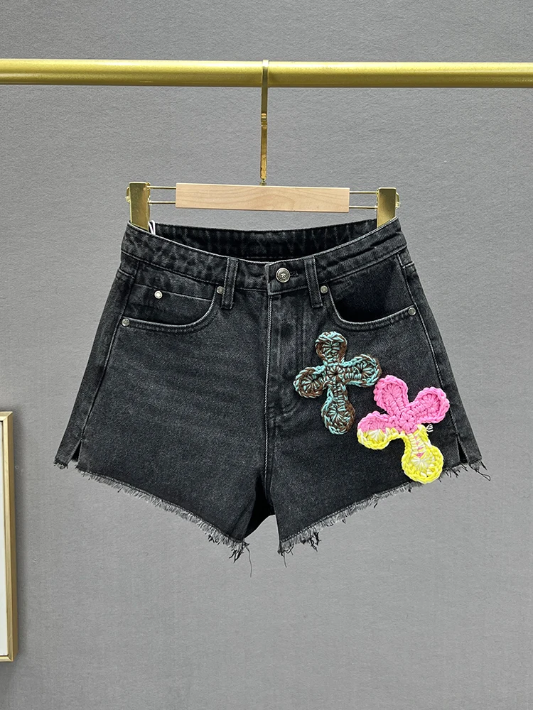 Fashion Color Embroidery A-Line Denim Shorts Women 2024 Summer Wear High Waist Slim Raw Hem Wide Legs Booty Shorts Short Pants