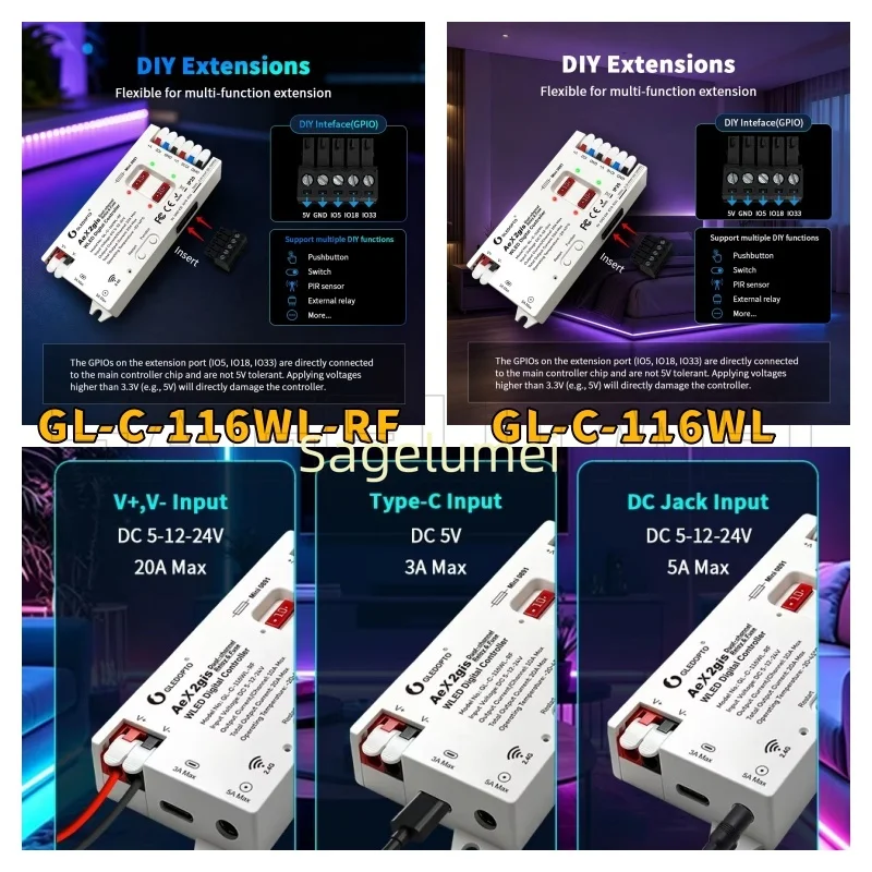 20A Max GLEDOPTO WIFI & 2.4G AeX2gis Dual-Channel WLED Digital LED Controller,RF Remote Control,Dual 10A Fuse & Relay Protection