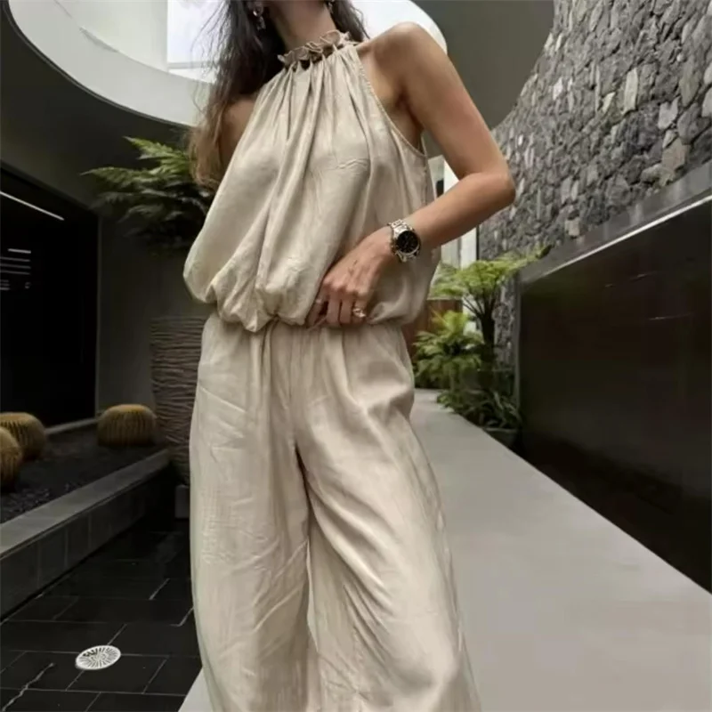 Guobioziy2026 Women's New Beaded Bubble Halter Neck Top with Elastic Waist Lantern Pants Set Elegant and Fashionably Versatile