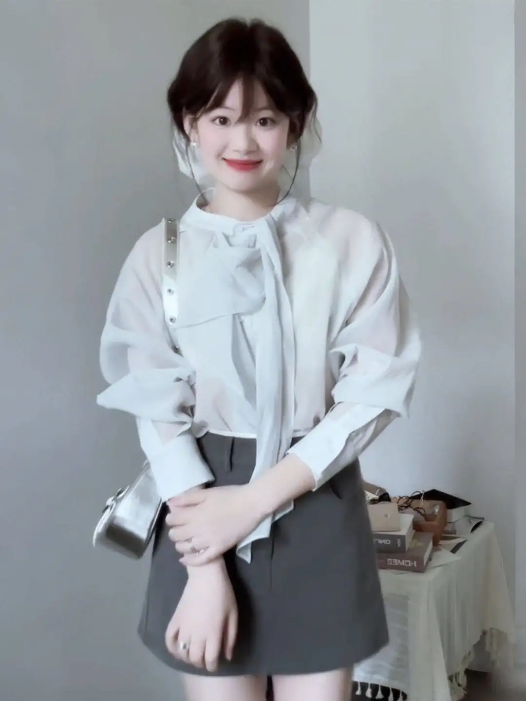 

Ele Blue Long Sve Chiffon irt Women's Spring Autumn Design Beautiful Sa French Sle Loose Fit Breathable Casual Top