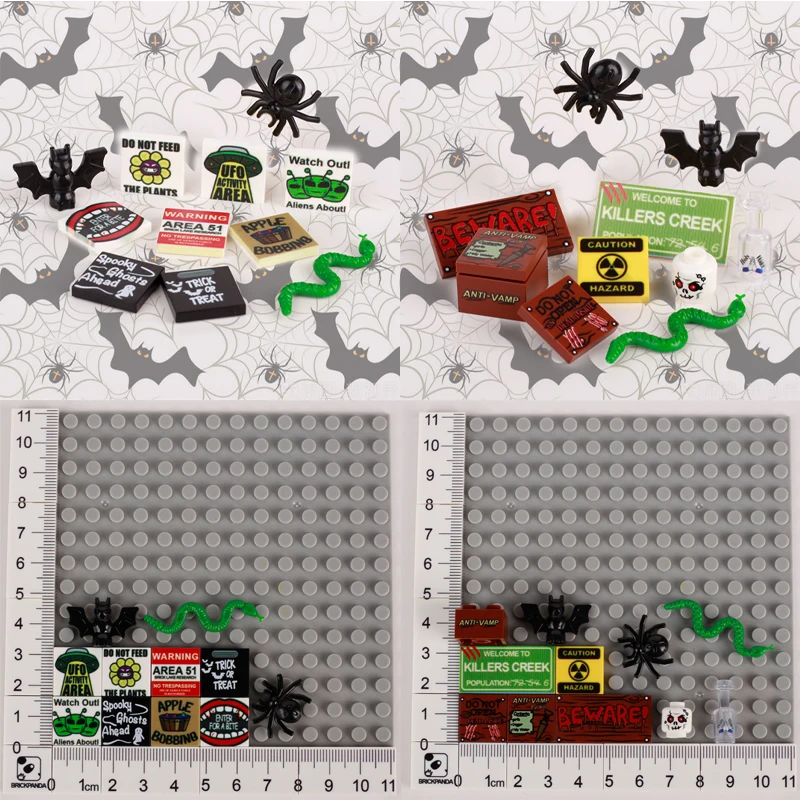 MOC Halloween Building Blocks Figure Accessories Zombie Flower Tombstone Skeleton Head Pumpkin Spider Snake Bat Bricks Kids J111