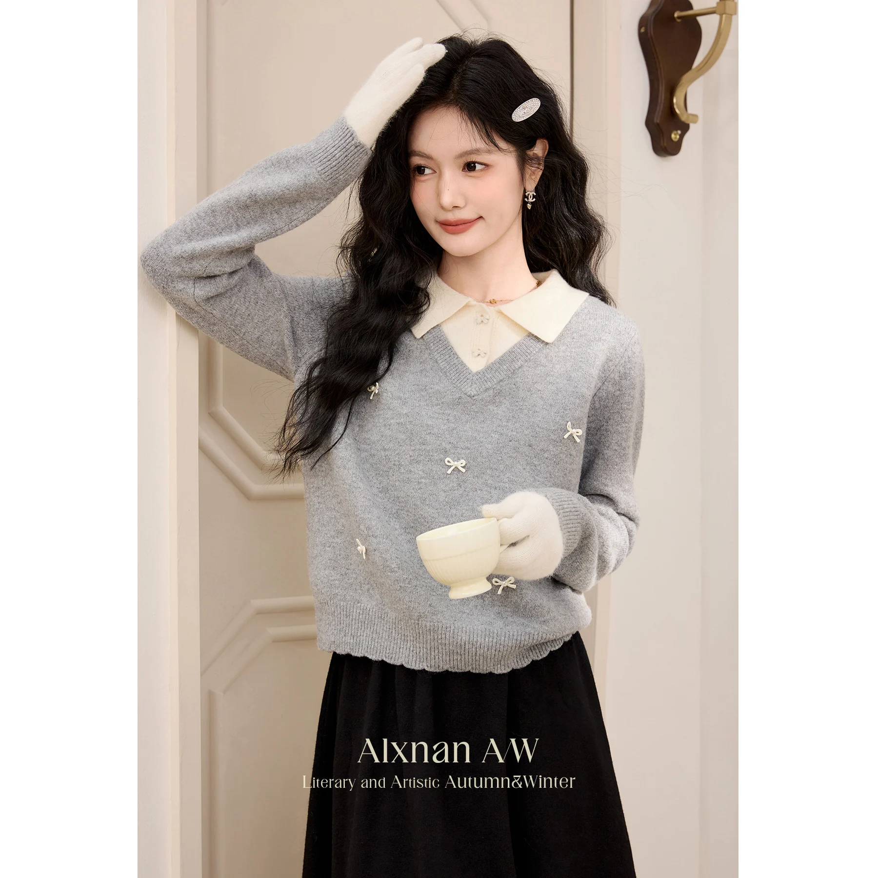 

ALXNAN 2 in 1 Commuter Sweater Autumn Winter Lapel Collar Three-dimensional Bow Long Sleeve Jumper 2024 Female Knitwear QJD00067