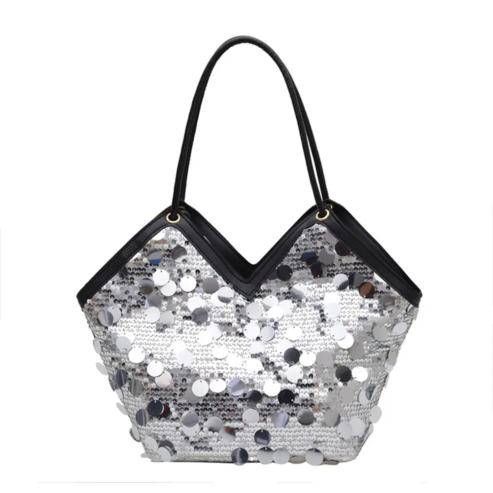 

Вечерняя сумка-тоут с пайетками, серебристая/золотистая, блестящая, модная, с блестками, на плечо, для улицы
