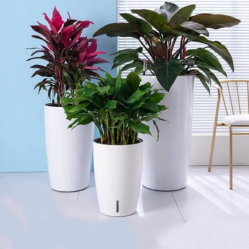 for Modern Simple Large Floor Standing Plastic Flower Pot Tall Cylinder Shape Self Watering Feature Planter Direct Sale