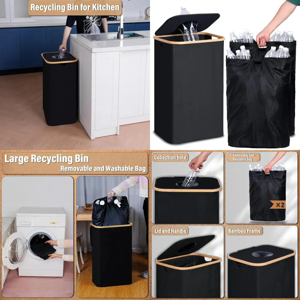 

26 Gallon 100L Kitchen Recycling Bin with 2 Removable Liners for Bottles, Cans, and Plastics (Black)