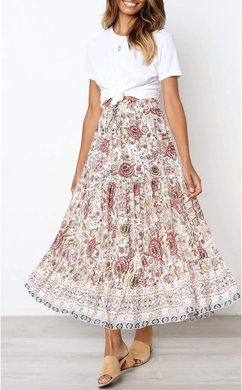 Luxy Trio Donna Boho Stampa floreale Elastico a vita alta a pieghe Gonna lunga a vita alta Abito con gonna fluida a trapezio