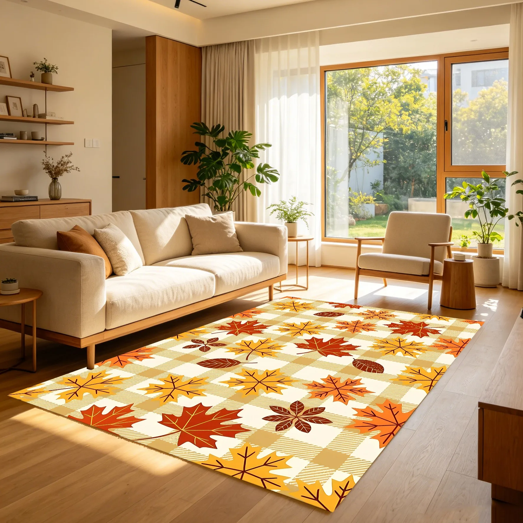Velvet Plaid Maple Leaf Pattern Warm Retro-Style 2D Carpet, Suitable for Living Room and Bedroom, Creating a Cozy and Comfortable Autumn and Winter Atmosphere