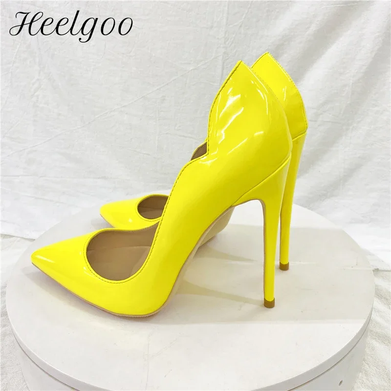 Heelgoo Sexy Cute Side V Cut Yellow Women Glossy Patent Pointy Toe High Heel Party Dress Shoes Stiletto Pumps Plus Size 44 45 46