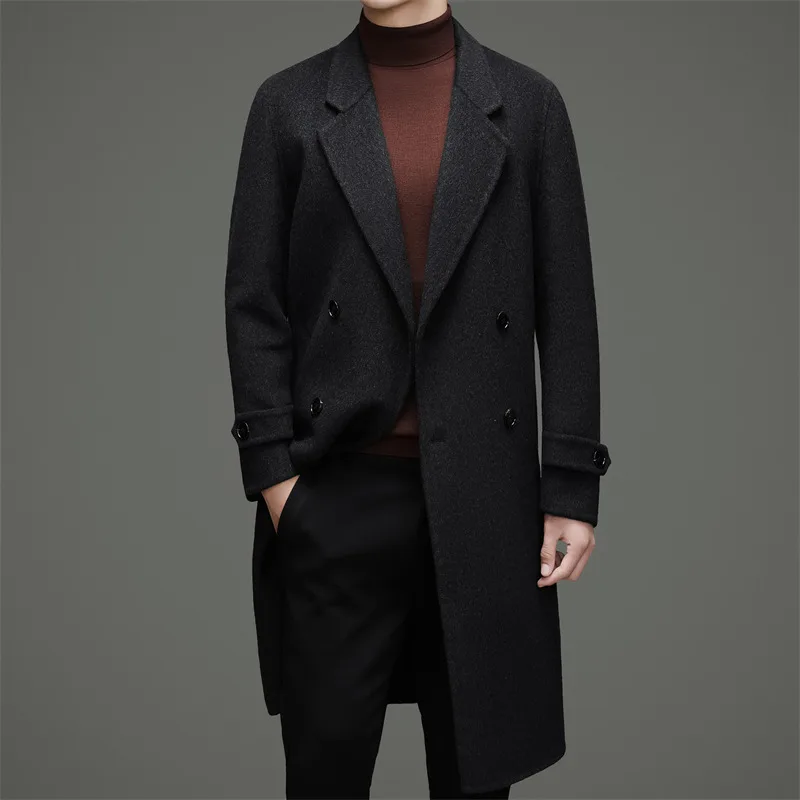Classic British Style Men Double Breasted Cashmere Ovecoat Timeless Black Coffee Woolen Coat Gentlemen Winter Essential Attire