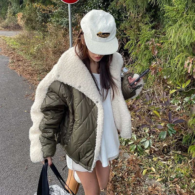 

Warm Cotton Jaet with Lamb Fur Splicing Autumn Winter New Sle Women's Top Trendy Commute Sle Loose Fit Long Sve Coat