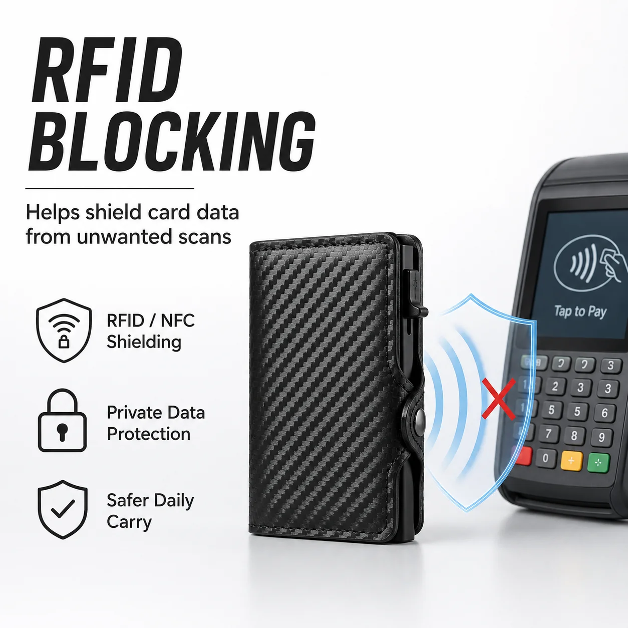 RFID-blockierender Pop-Up-Kartenhalter aus Kohlefaser, Herren-Geldbörse, minimalistisches Kredit- und Ausweiskartenetui, modische Geldbörse, Carteira Masculina – Detail 3
