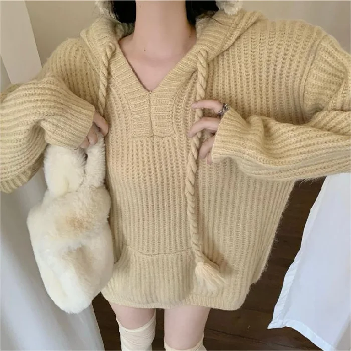 

Korean Style Gentle Elegant Hooded Knitwear Women's Loose Top 2025 Autumn Winter New Lazy Style Casual Comfortable Sweater
