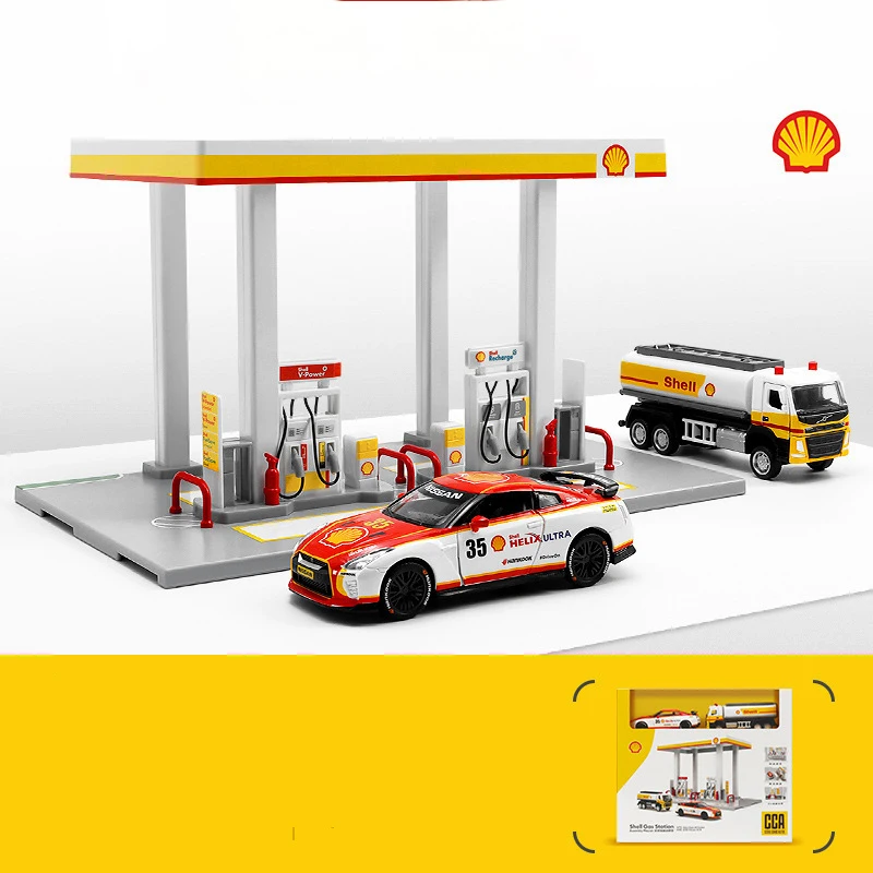 CCA  P1 Nissan GTR Shell Gulf Oil Gas Station Co branded Assembly Gas Station Alloy Car Model Toy Set Scene Decoration