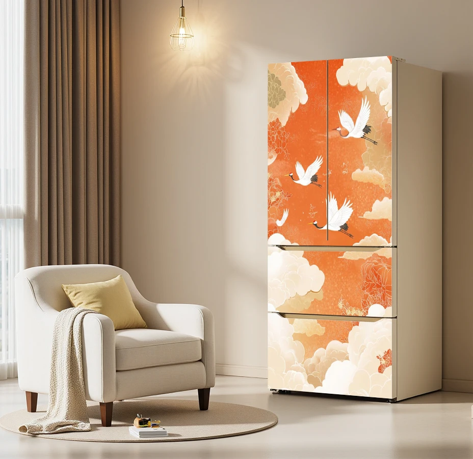 Japanese Ukiyo-e Crane Fridge Door Sticker Self-adhesive Wallpaper for Wall Decals Home Cabinets Wardrobe Door Aesthetics Decor