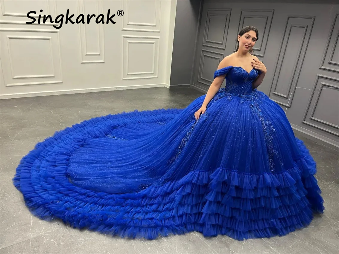 

Exquisite Royal Blue Quinceanera Dress Tiered Ruffle Off Shoulder Sparkly Ball Gown Flower Appliques Beads Court Train Vestidos