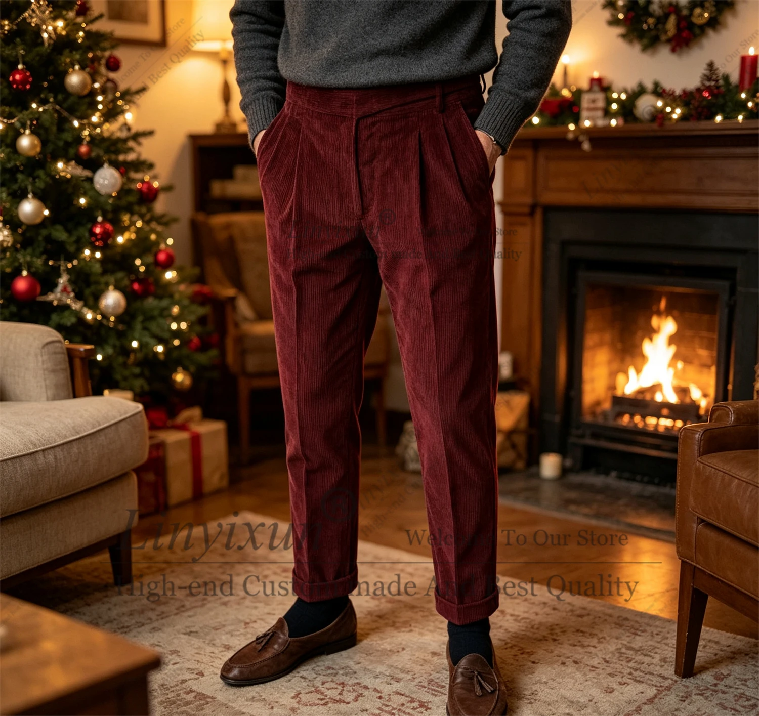 Italian Vintage Suit Pants For Men Autumn Winter corduroy Pattern Straight Trousers British Style Business Casual Customized