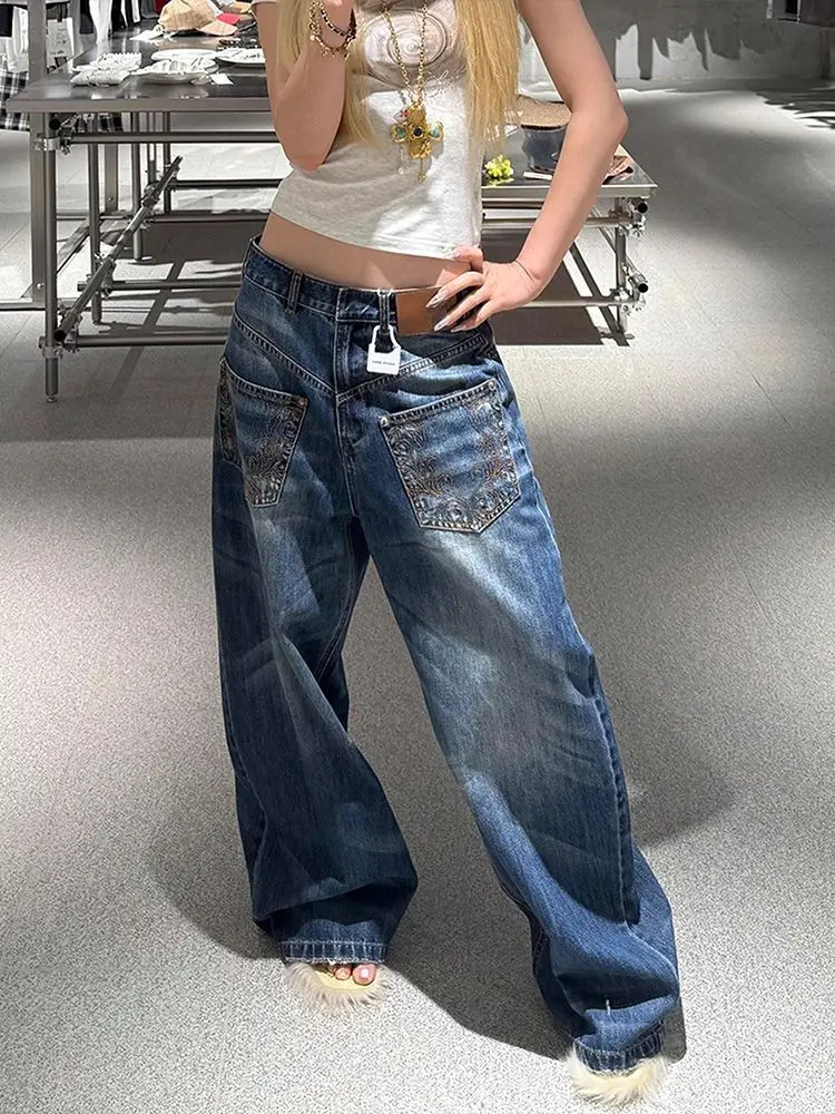 

Женские винтажные синие джинсы с градиентом, женские джинсовые брюки с карманами и вышивкой Y2K, уличная одежда, свободные широкие брюки