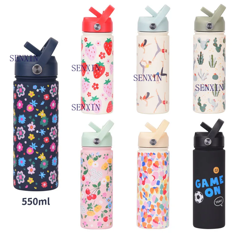 

550ml Stainless Steel Sports Water Bottle with Wide Mouth Portable Handle Printed Design Outdoor Straw and Insulation