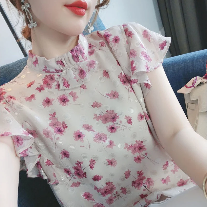 

Blouses for Women Elegant 2023 Summer Short Sleeve O-Neck Pink Shirt Floral Printing Pleated Patchwork Chic Casual Tops