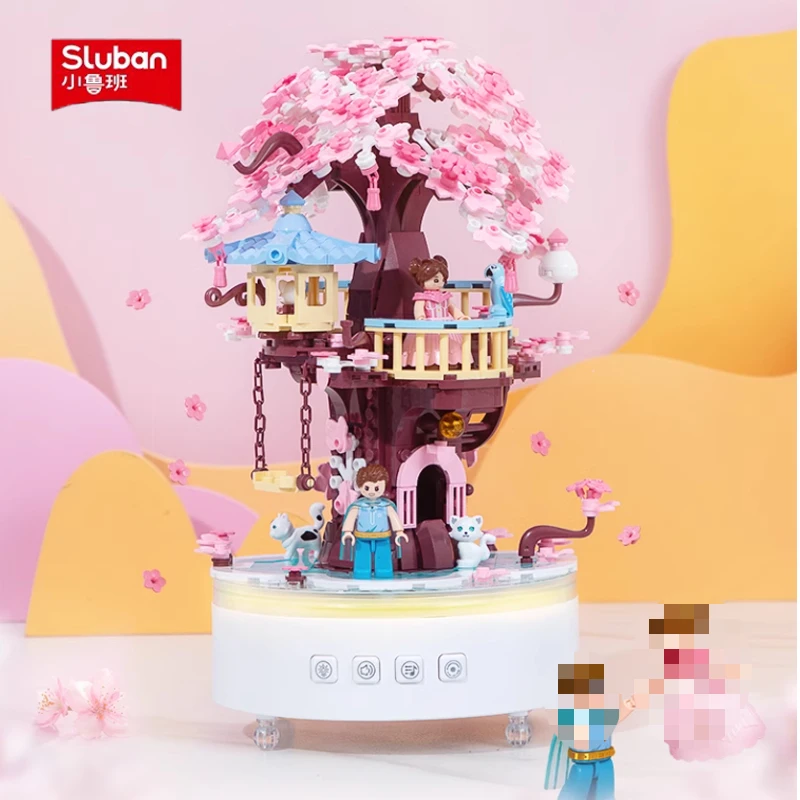 SLUBAN Originality The Wishing Cherry Tree Handmade Puzzle Building Blocks Maiden Heart Music Box High Quality Birthday Gift