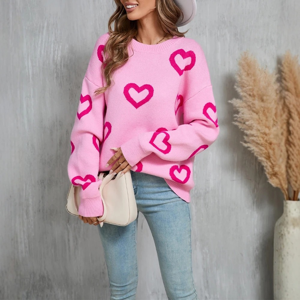 여성용 대형 사이즈 라운드 넥 풀오버 스웨터 봄 신상 투톤 자카드 하트 디자인 유럽 미국 스타일 발렌타인데이
