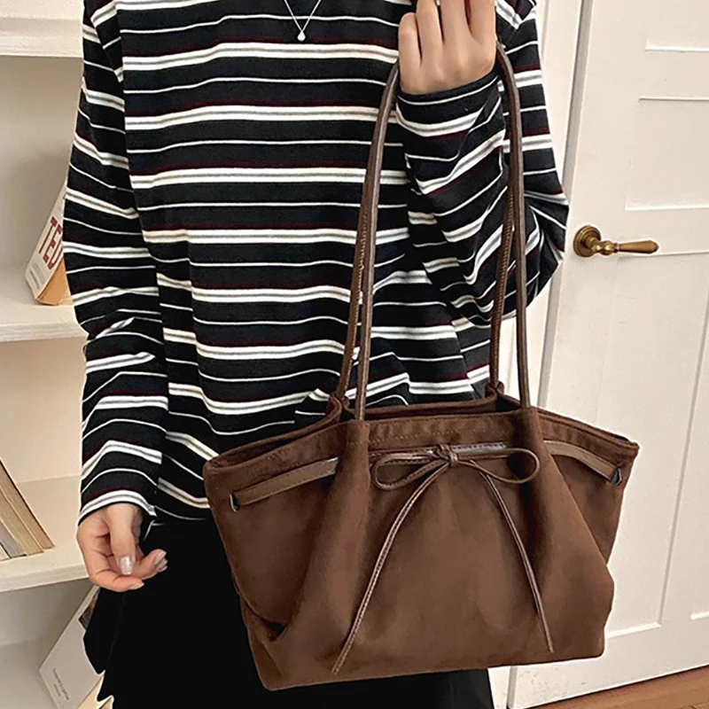 Women Vintage Suede Tote Bag Bowknot Design Large Capacity Commuter Shoulder Handbag for Work Daily Travel