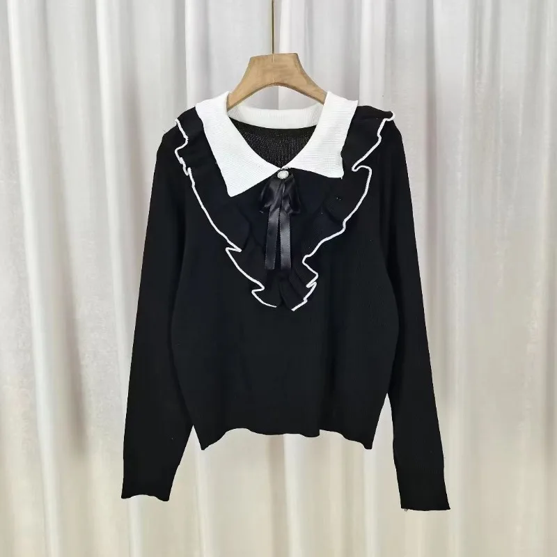 

Color Contrast Doll Collar Knitted Sweaters for Women New Knitwear on Promotion Harajuku Cheap Top Offers Light Female Pullover