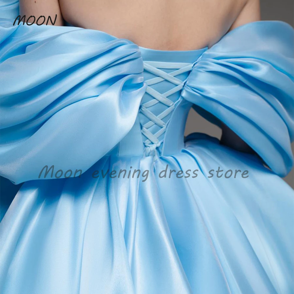 Moon Short ball dress Blue off-the-shoulder above knee satin formal evening dress Girls Pleated ball cocktail party dress