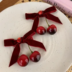 Winter Trend Coral Velvet Bow Resin Cherry Duck Beak Clip Birthday Party Creative Hair Clip Women's Elegant Hair Accessories