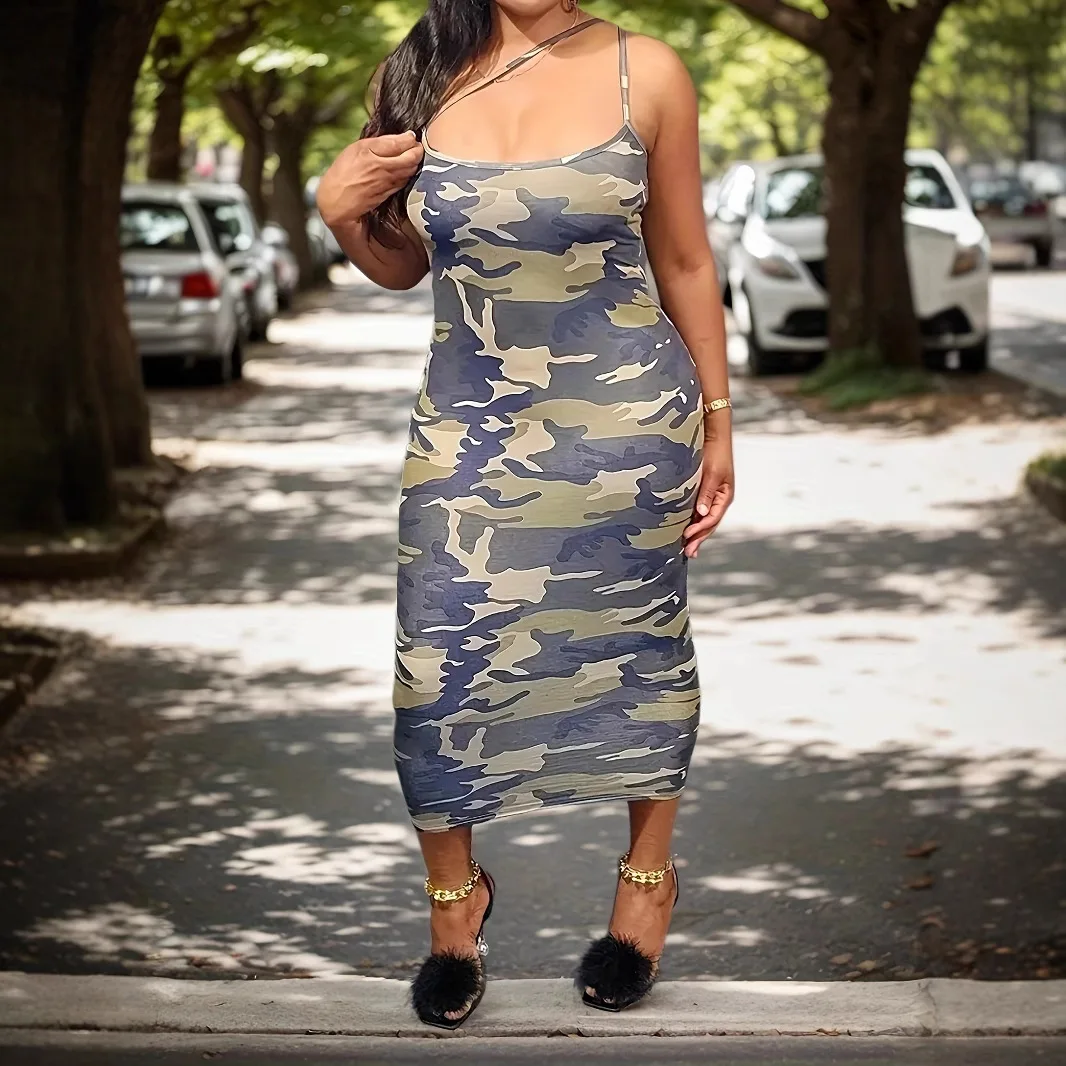 

SKMY Fashion Commuting Camouflage Printed Spaghetti Strap Dress Party 2025 Summer New Women Clothing Bodycon Midi Dresses