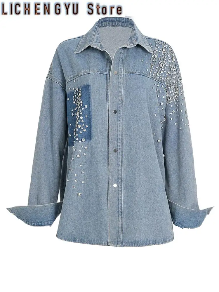 

Loose Fit Blue Denim Rhinestones Big Size Jacket New Lapel Long Sleeve Women Coat Fashion Tide Spring Autumn