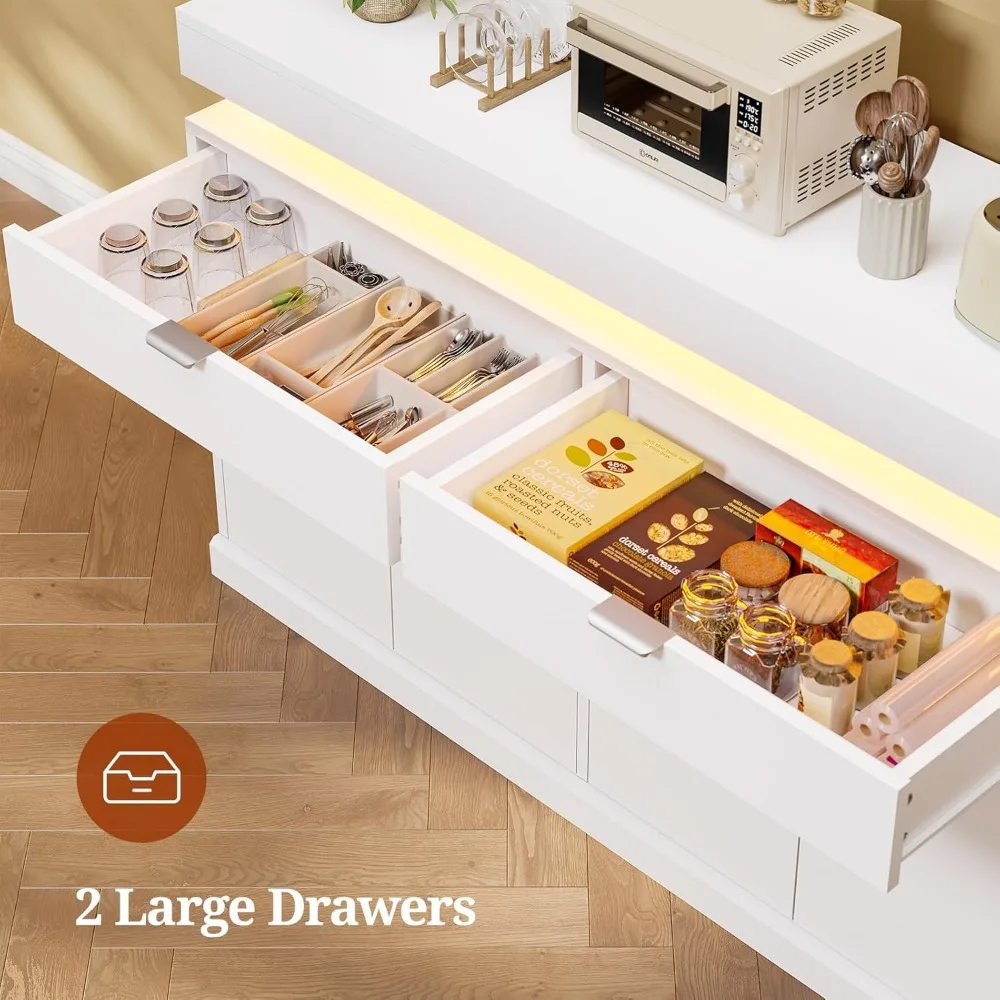 خزانة جانبية بوفيه بيضاء طويلة حديثة مع إضاءة LED ومحطة شحن، أرفف قابلة للتعديل Credenza لبار القهوة والنبيذ