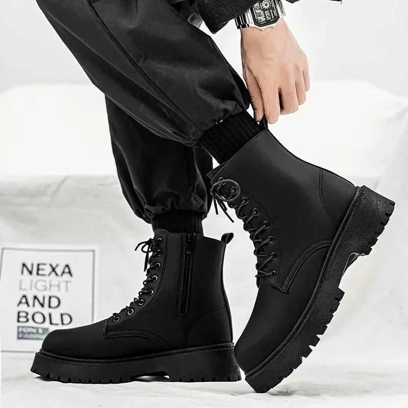 

Mens High-top Boots High Quality Leather Casual Boots British Style Lace Up Ankle Boots Non Slip Platform Boot Botas Para Hombre
