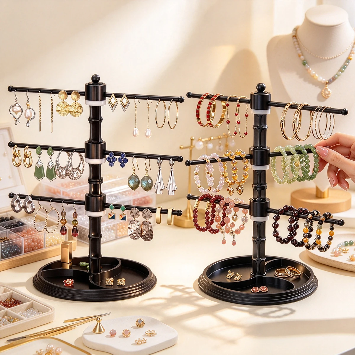 2pcs Detachable Multi-Layer T-Shaped Rotatable Jewelry Display Stand Desktop Earrings Bracelet Necklace Storage Jewelry Stand