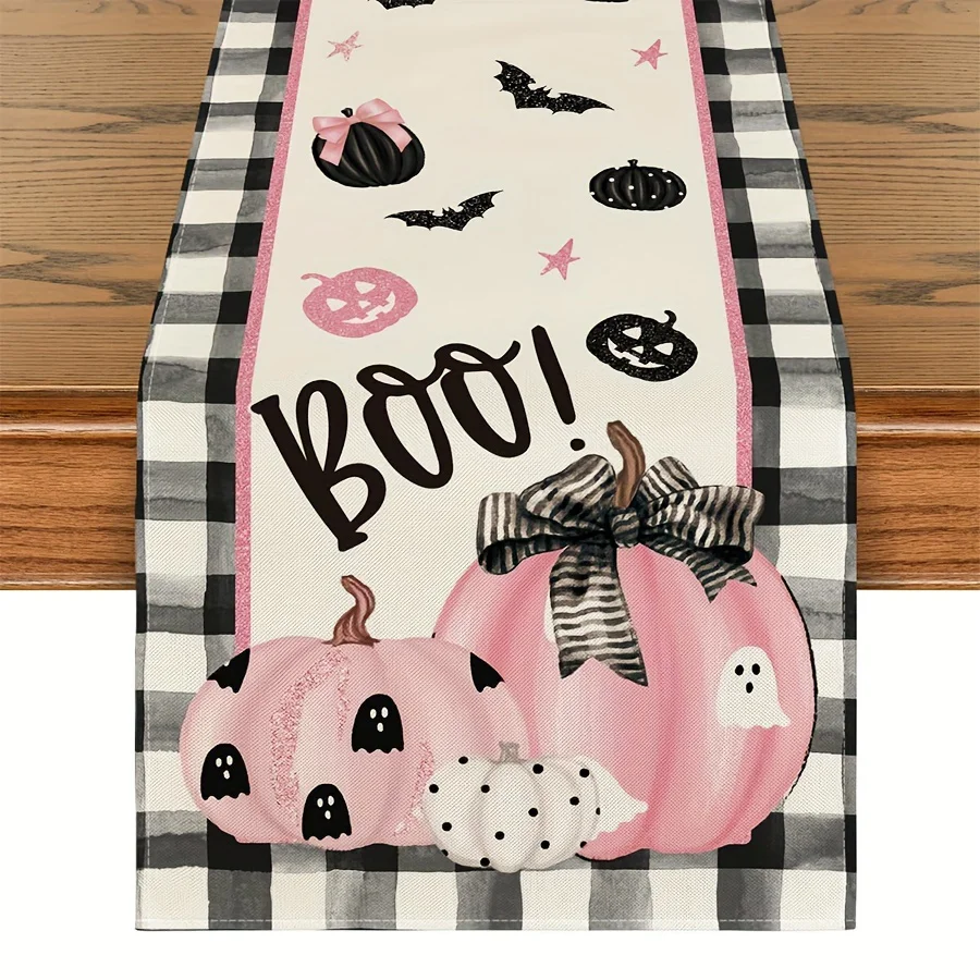 

Хэллоуин Настольная дорожка в клетку буйвола с тыквой Boo Bat Дизайн для осенней столовой и домашней вечеринки