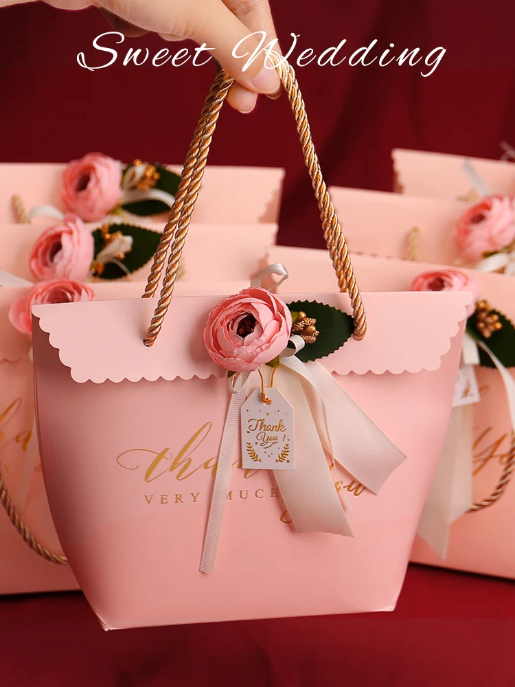 

European Style Wedding Candy Box Packaging, Bridesmaid Gift Paper Bags with Handle, Baby Shower Favors, Party Supplies, Wholesal