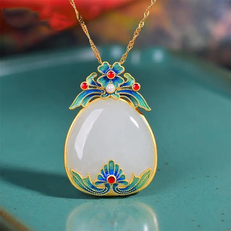 

Silver Inlaid Natural White Antique Chinese Style Palace With Cheongsam Hotan Jade Necklace Jade Pendant Jewelry