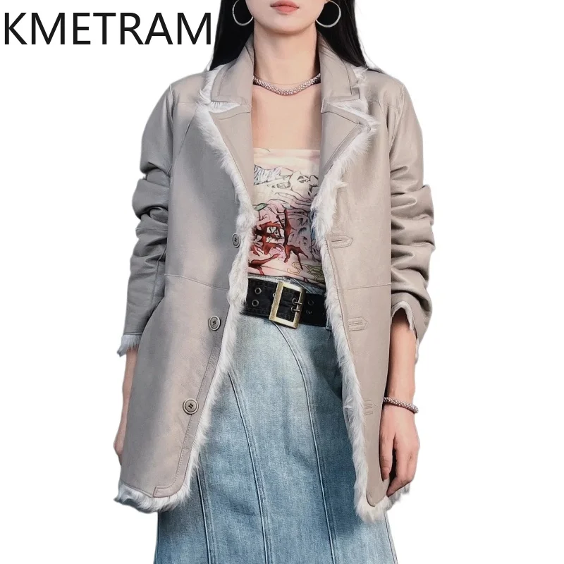 KMETRAM Natural Sheepskin with Wool Attached Coat Light Grey Suit Collar Reversible Real Fur Jacket Woman Clothing Winter шуба