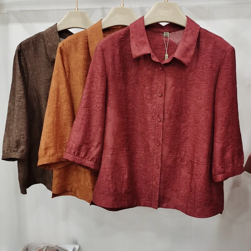 Camisa Retro Bordada XM Brand D325 para Mulheres, Manga Média, Colarinho de Linho, Estilo Casual Versátil para Mães Jovens, Poliéster Respirável
